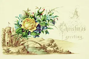 Pastoral Prints: Christmas Card with a Bouquet of Flowers and a Pastoral Setting