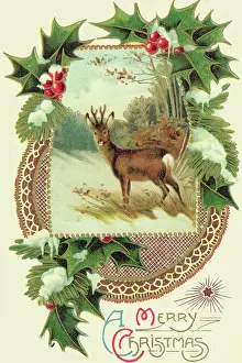 Postcard Prints: Christmas Card with Deer and Holly