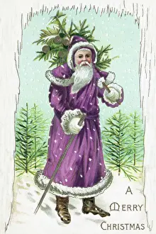 Snowfall Prints: Christmas Card Depicting Santa Dressed in Purple