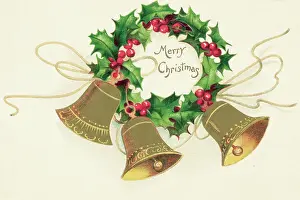 Holly Prints: Christmas Card with Wreath of Holly and a Trio of Bells