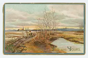 Prints of Illustrated postcard titled 'Merry Christmas to You and Yours' featuring a scenic view of a rural area, with a man riding a horse-drawn carriage by a stream and a house in the background Celebrate the Season: A Curated Collection of Christmas Art: Christmas Postcard
