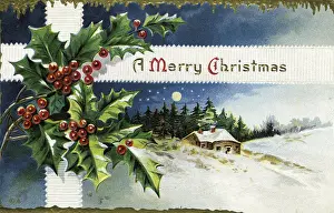 Prints of Christmas postcard depicting a winter scene with a log cabin nestled in snowy hills, pines and a starry night behind them, holly and ribbon in the foreground Celebrate the Season: A Curated Collection of Christmas Art: Christmas Postcard