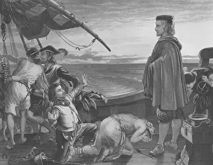 Prints of An engraved portrait of Christopher Columbus, (1451-1506) aboard a ship surrounded by his crew, with caption Dawn revealing the New World to Columbus, published circa 1857 Urban Echoes of America’s Golden Age: Christopher Columbus