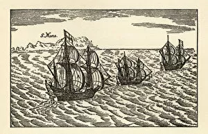 Images Dated 5th February 2018: Christopher Columbus Sailing Ships Engraving, Circa 1400s