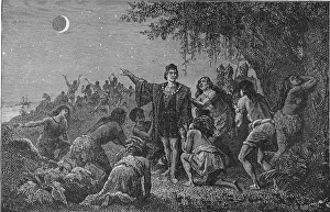 Prints of Genoese navigator and explorer Christopher Columbus (1451 - 1506) frightens the Carib natives into assisting him by predicting an eclipse of the moon, a god of theirs, Jamaica, February 29, 1504 Urban Echoes of America’s Golden Age: Christopher Columbus Scares Indians