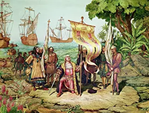 New World Prints: Chromolithgraph of Columbus Landing on San Salvador