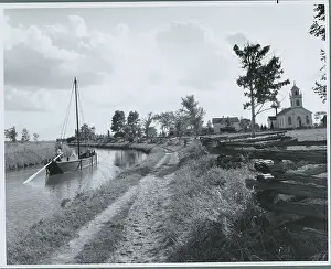 Ontario Prints: Church and Boat on Canal Site