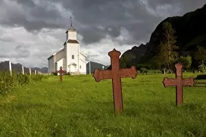 Images Dated 23rd July 2010: Church and cemetery of Gomsoy on the Lofoten Islands, Norway, Scandinavia, Europe, PublicGround