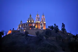 Religious Building Prints: Church of Iglesia Nuestra Senora de los Remedios on the ruins of the pre-Hispanic Pyramid of Cholula at night