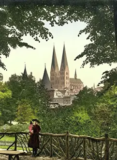 The Church of Our Lady in Luebeck, Schleswig-Holstein, Germany, Historic, digitally restored reproduction of a photochromic print from the 1890s
