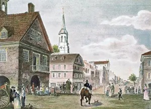 Church and Travelers in Street Scene of Early Philadelphia