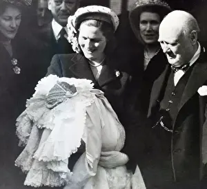 Christening Prints: Churchill Admimres Grandson In Mom'S Arm