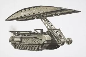 Churchill Bridgelayer tank with hull removed and bridge attached to a hinged arm, side view