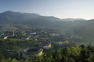 Fujian Province Prints: Chuxi Tulou Cluster at sunset