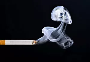 Death Collection: Cigarette with smoke and a skull, smoking kills, symbolic image of death from smoking, Germany