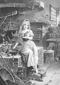 Girl Collection: Cinderella or Cinderella, girl sitting at the stove surrounded by many birds, kitchen scene