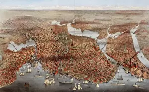 City Portrait Prints: The city of Boston, In the foreground the eastern harbour district with numerous ships