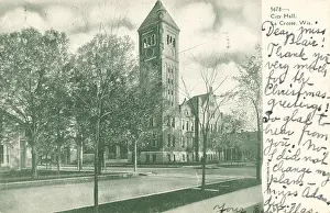 Prints of A postcard of La Crosse's City Hall, La Crosse, Wisconsin, 1907. The text on the postcard reads, Dear Miss Blair; Thank you very much for the Christmas greetings! So glad to hear from you Celebrate the Season: A Curated Collection of Christmas Art: City Hall