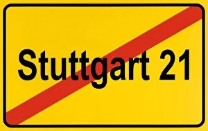 Opponent Gallery: City limit sign, symbolic image, protest against the rail project Stuttgart 21
