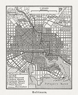 Images Dated 14th March 2018: City map of Baltimore, Maryland, USA, wood engraving, published in 1897