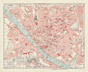 European Culture Gallery: City map of Florence, Italy, lithograph, published in 1897