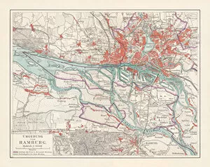 Images Dated 27th July 2018: City map of Hamburg and surroundings, Germany, lithograph, published 1897