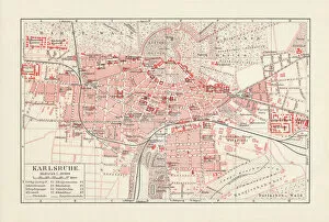 Images Dated 10th August 2018: City map of Karlsruhe, Baden-WAOErttemberg, Germany, lithograph, published in 1897