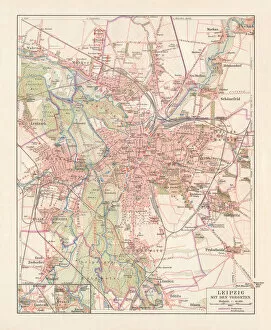 Images Dated 9th October 2018: City map of Leipzig (Germany) and suburbs, lithograph, published 1897