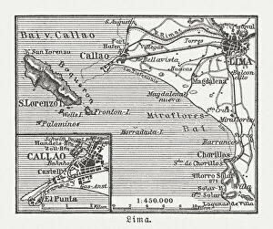 Images Dated 11th October 2018: City map of Lima and surroundings, Peru, woodcut, published 1897
