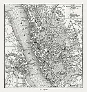 Images Dated 11th October 2018: City map of Liverpool and Birkenhead, England, woodcut, published 1897