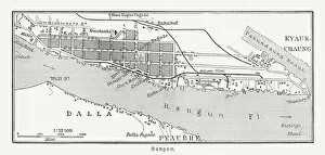 Images Dated 20th December 2018: City map of Yangon (Rangoon), Myanmar, wood engraving, published 1897