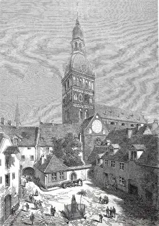 Baltic Prints: City of Riga, c. 1885, Latvia, the Herder Square and the Old City Hall