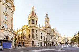 Town Hall Prints: City street with view towards City Hall, Plaza del Ayuntamiento, Valencia, Spain
