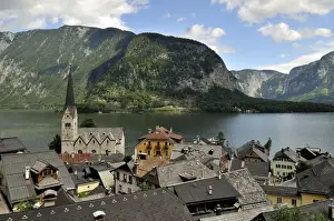 Condominiums Prints: City view of Hallstatt on Hallstaetter See lake