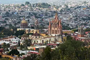 Cityscape with church building rising above other buildings