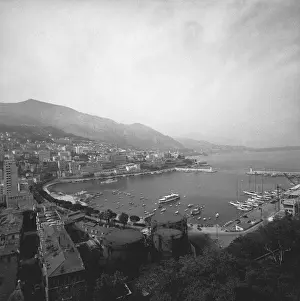 Ocean And Sea Prints: Cityscape at harbour, (B&W), elevated view