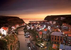 Panorama Gallery: Cityscape at sunset, Staithes, Yorkshire, England