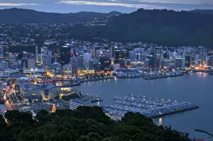 Cityscape of Wellington, harbour at dusk, New Zealand, North Island