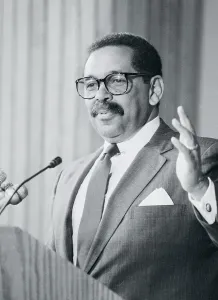 Prints of (Original Caption). Washington: Clarence Pendleton, chairman of the U. S Echoes of Justice: Civil Rights in Focus: Civil Rights Commission Chairman Clarence Pendleton at Microphones