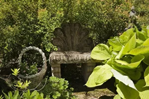 Images Dated 15th June 2012: Clamshell back garden bench and hosta plant leaves in a landscaped residential backyard garden