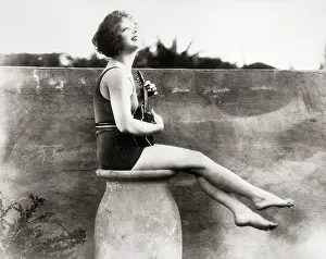 Clara Bow in Bathing Suit Plays Ukulele