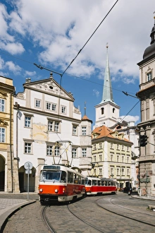 City Street Gallery: Classic red tram on the streets of Lesser own (Mala Strana) in Prague, Czech Republic