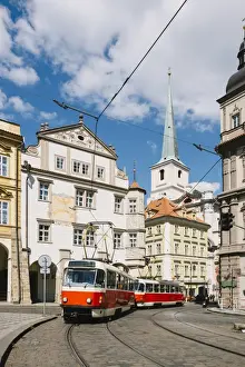 Passenger Prints: Classic red tram on the streets of Lesser own (Mala Strana) in Prague, Czech Republic