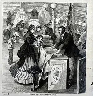 Clerk Prints: Clerk Showing Woman Wedding Gown Fabric