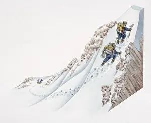 Summits Prints: Two climbers with backpacks climbing snowy mountain-side using mallets, section