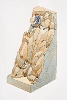 Images Dated 28th April 2006: Two climbers climbing rocks on mountain side, the leader pausing for his partner to ascend, section