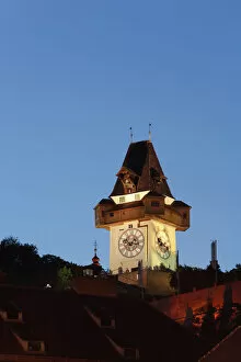Twilight Gallery: Clock tower on Schlossberg, castle hill, Graz, Styria, Austria, Europe