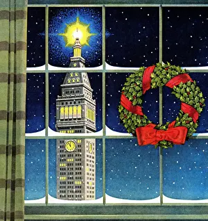 Two Objects Prints: Clock Tower View Out Window With Wreath
