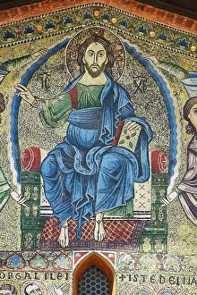 Basilicas Prints: Close up of the 13th century Byzantine Mosaic panel depicting Christ Pantocrator on the Basilica of San Frediano