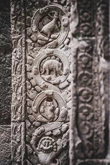 The close up of stone carving of Stegosaurus dinosaur inside Prasat Ta Prohm, Cambodia